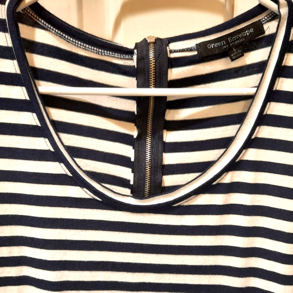 Green Envelope Shirt Womans Large Black White Stripes Back Zip Short Sleeve - Picture 4 of 8